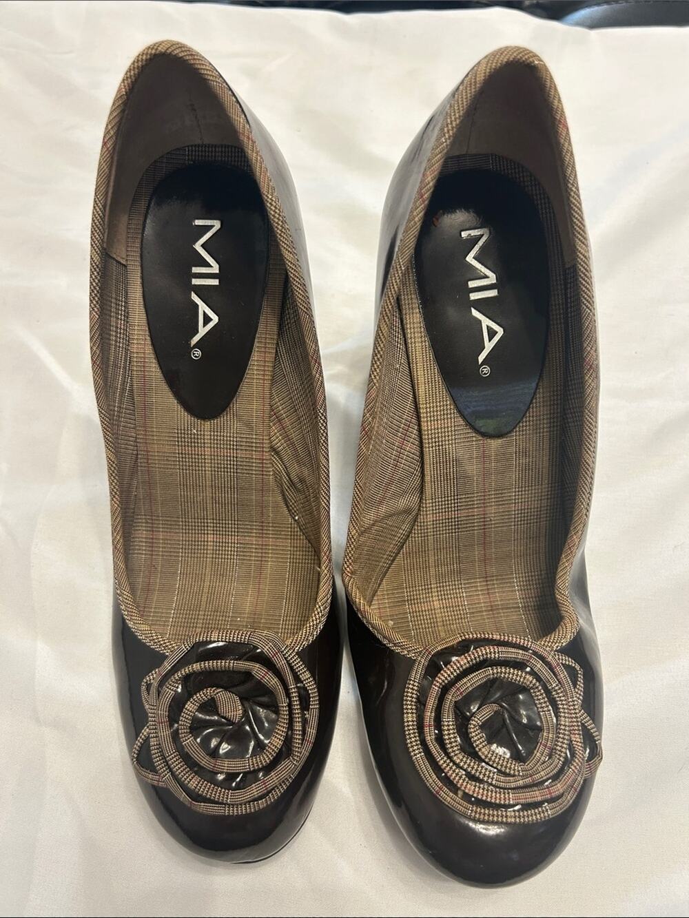 MIA Brown Patent Flats with Plaid Trim and Rosette